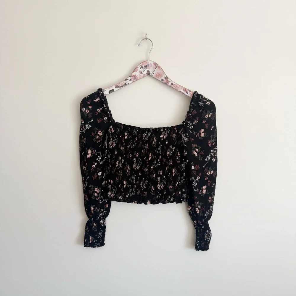REFORMATION Jolene Smocked Long Sleeve Floral Top Pinto Black Floral XS